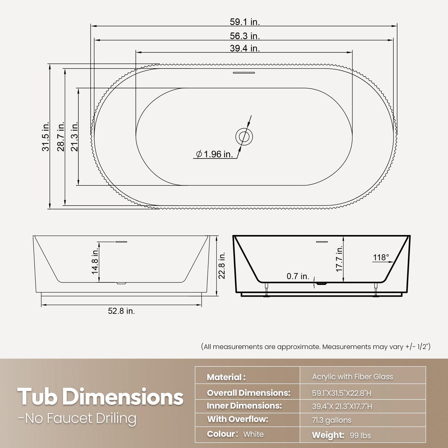 Vinnova Linyi 59.1" x 31.5" Soaking Bathtub