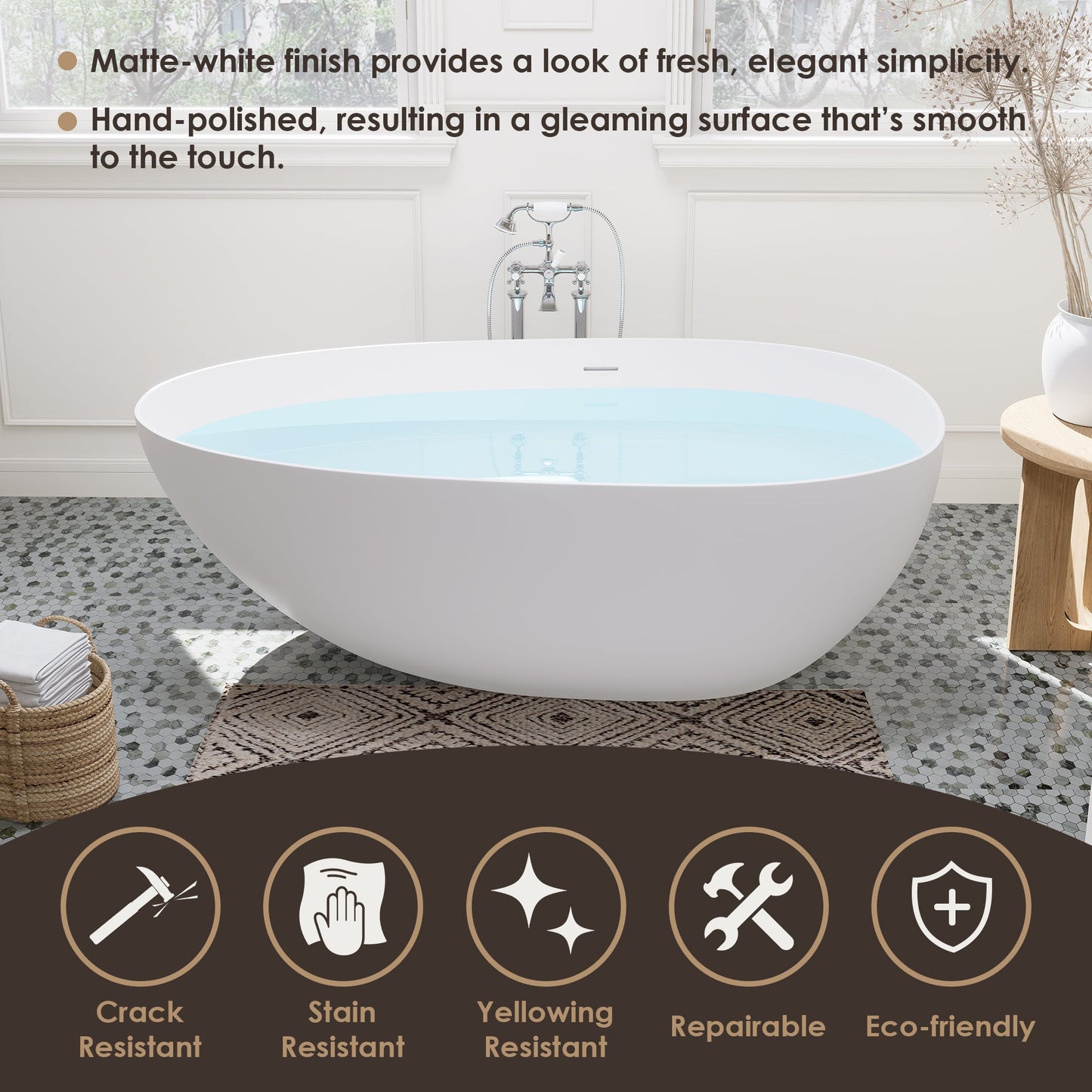 Giotto Solid Surface Soaking Bathtub in Matte White with Matte White Drain and Integrated Overflow