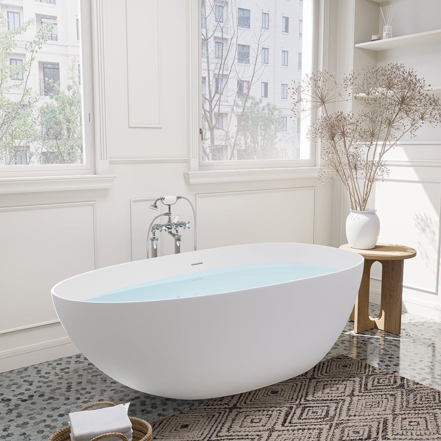 Giotto Solid Surface Soaking Bathtub in Matte White with Matte White Drain and Integrated Overflow