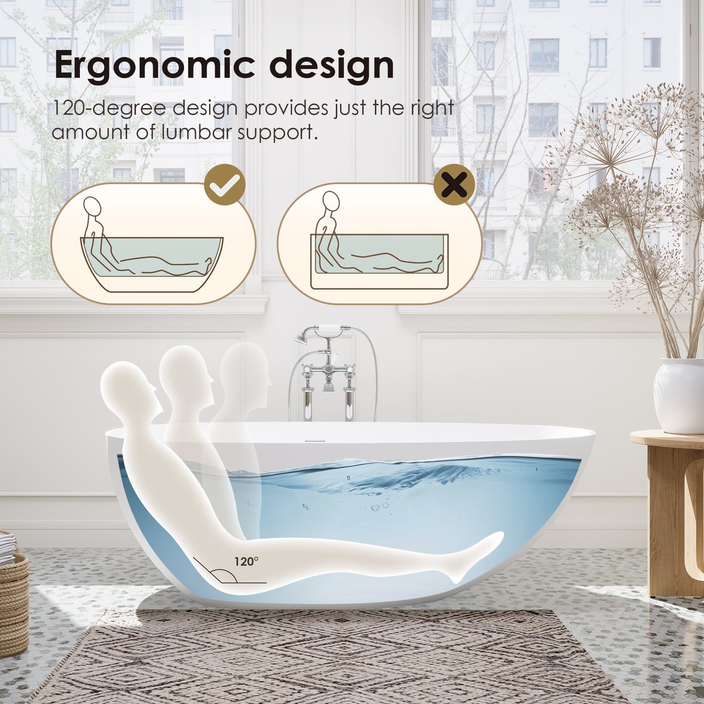 Giotto Solid Surface Soaking Bathtub in Matte White with Matte White Drain and Integrated Overflow