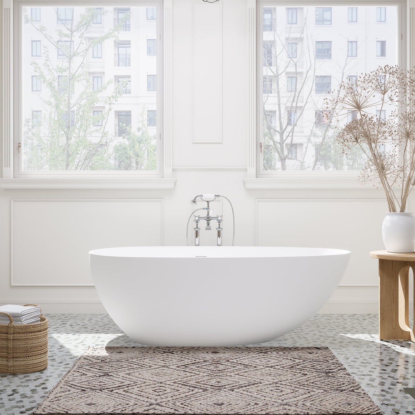 Giotto Solid Surface Soaking Bathtub in Matte White with Matte White Drain and Integrated Overflow