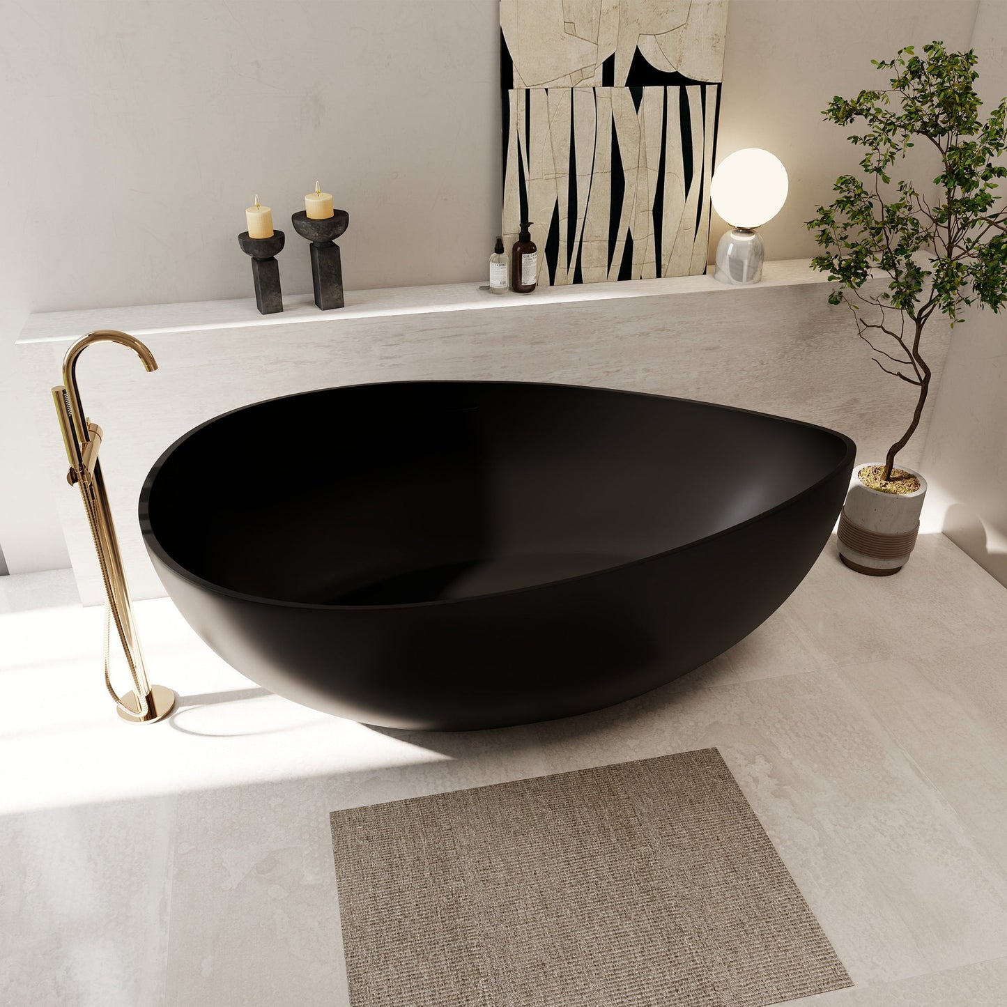 Vespa 63" x 39" Solid Surface Soaking Bathtub with Drain and Integrated Overflow