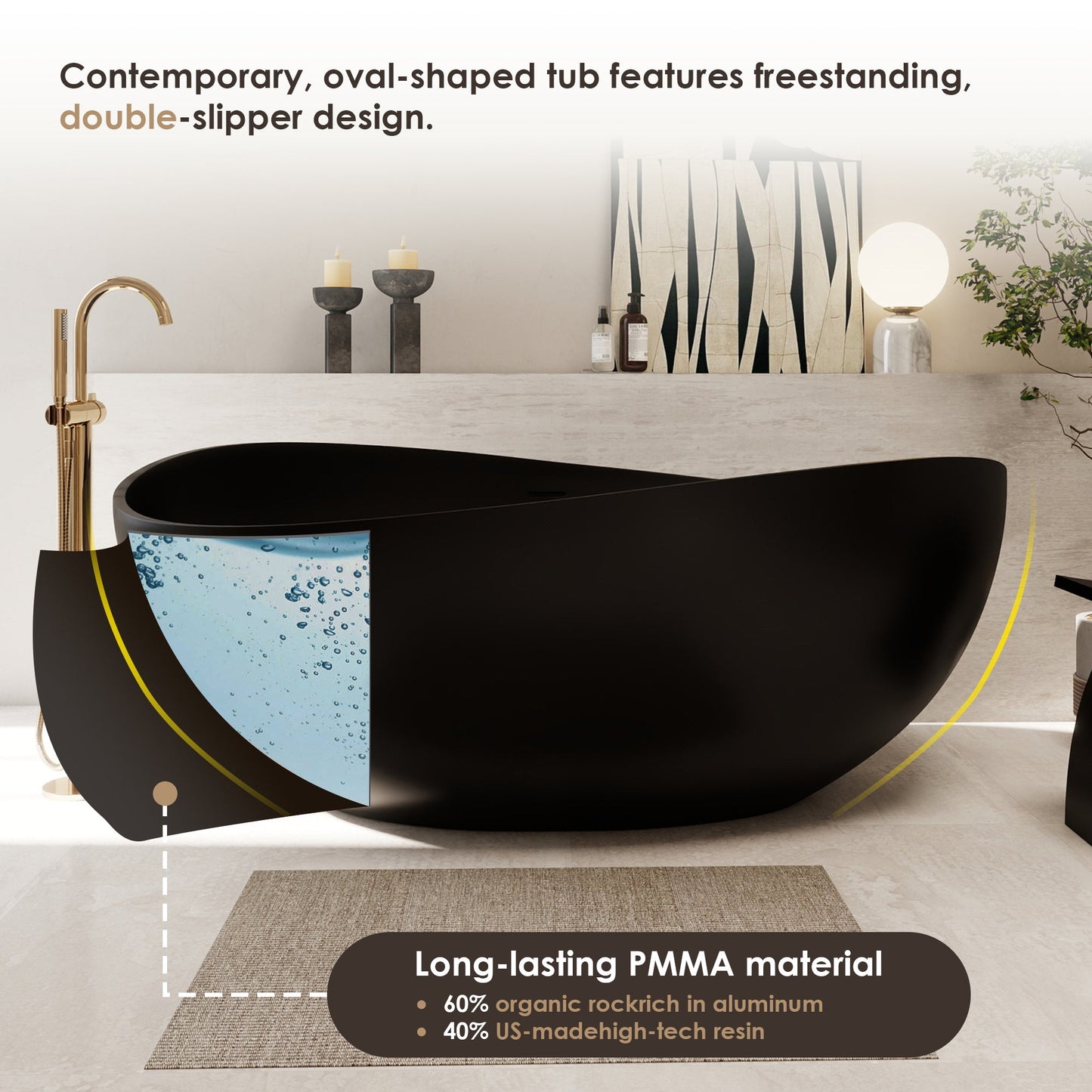Vespa 63" x 39" Solid Surface Soaking Bathtub with Drain and Integrated Overflow