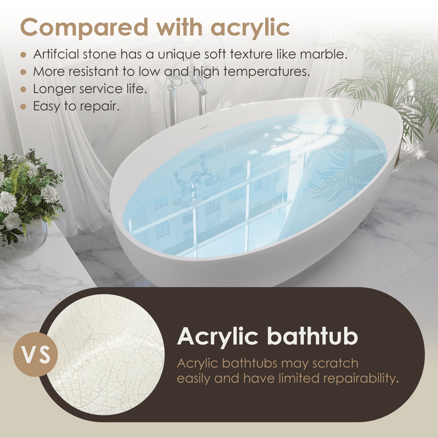 Vespa 63" x 39" Solid Surface Soaking Bathtub with Drain and Integrated Overflow