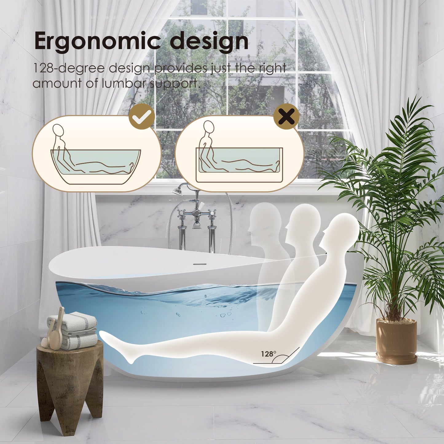 Vespa 63" x 39" Solid Surface Soaking Bathtub with Drain and Integrated Overflow