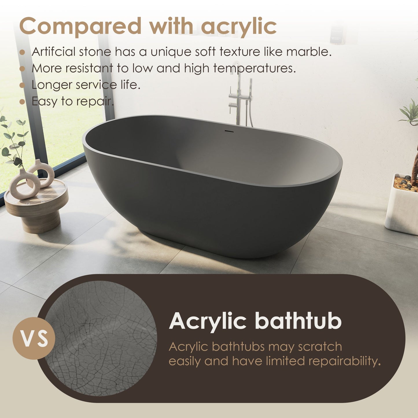 Ryder Solid Surface Soaking Bathtub with Drain and Integrated Overflow