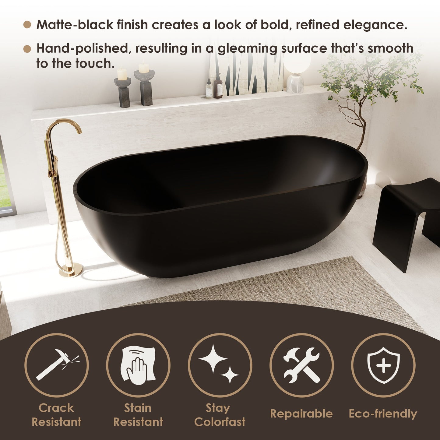 Ryder Solid Surface Soaking Bathtub with Drain and Integrated Overflow