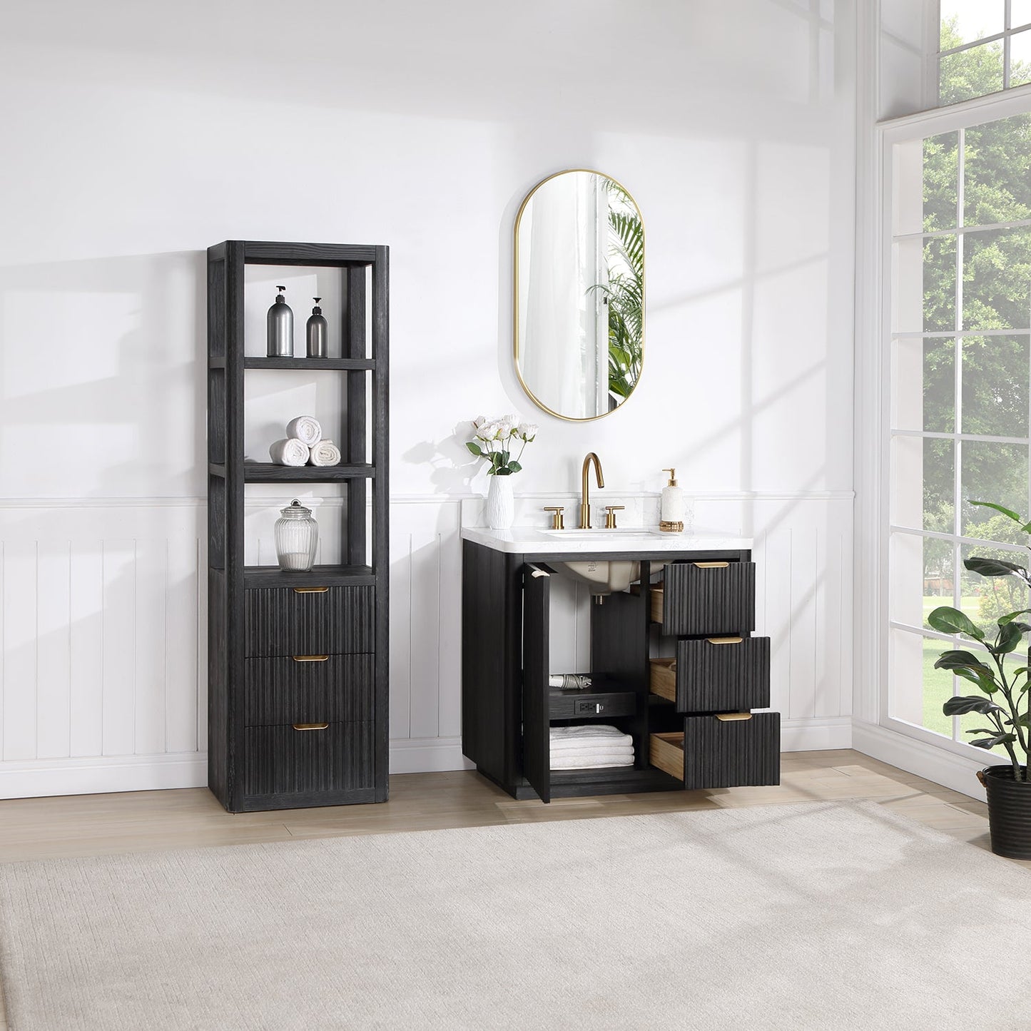 Cádiz 36in. Free-standing Single Bathroom Vanity in Fir Wood Black with Composite top in Lightning White