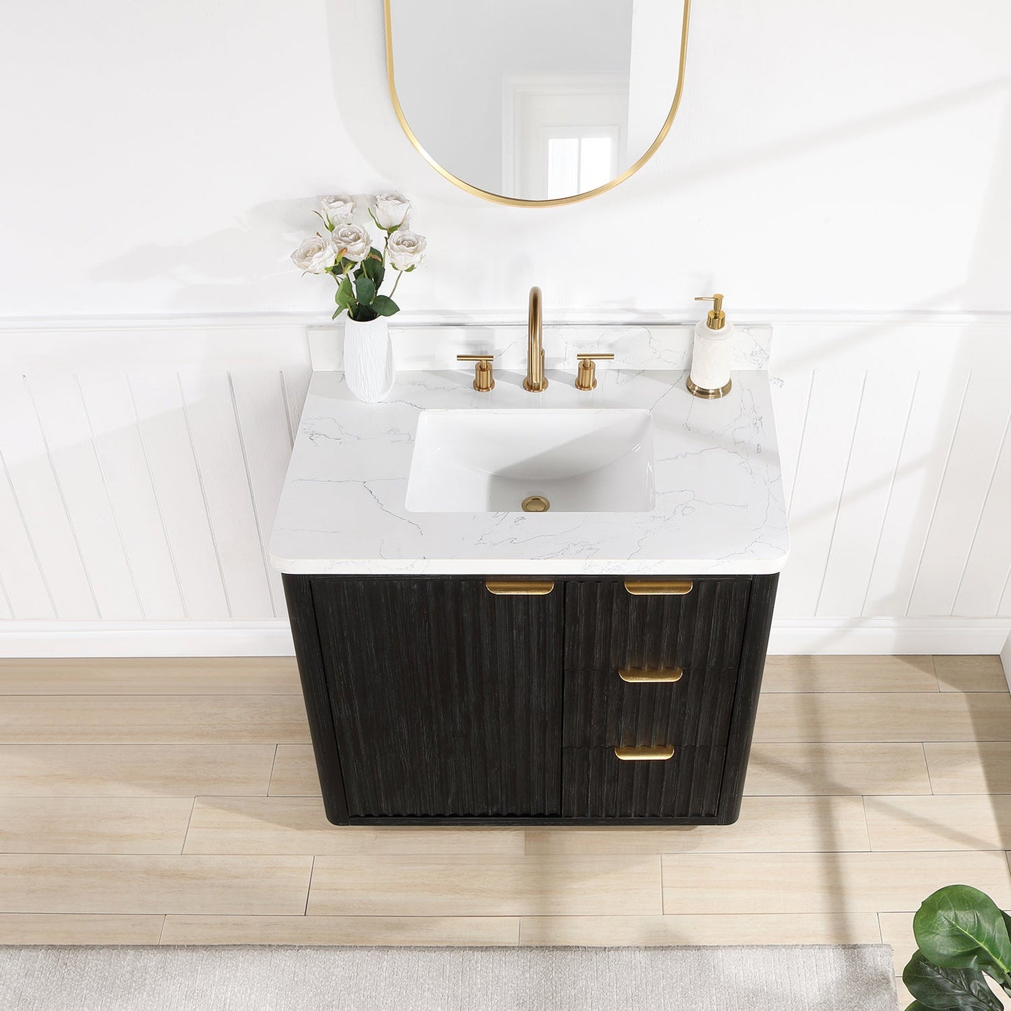 Cádiz 36in. Free-standing Single Bathroom Vanity in Fir Wood Black with Composite top in Lightning White
