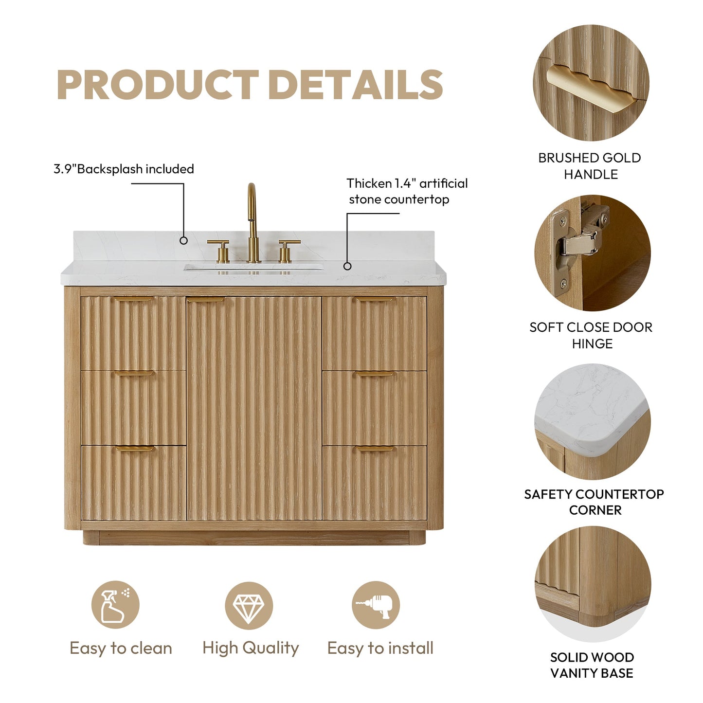 Cádiz 48in. Free-standing Single Bathroom Vanity in Washed Ash Grey with Composite top in Lightning White | Brushed Gold