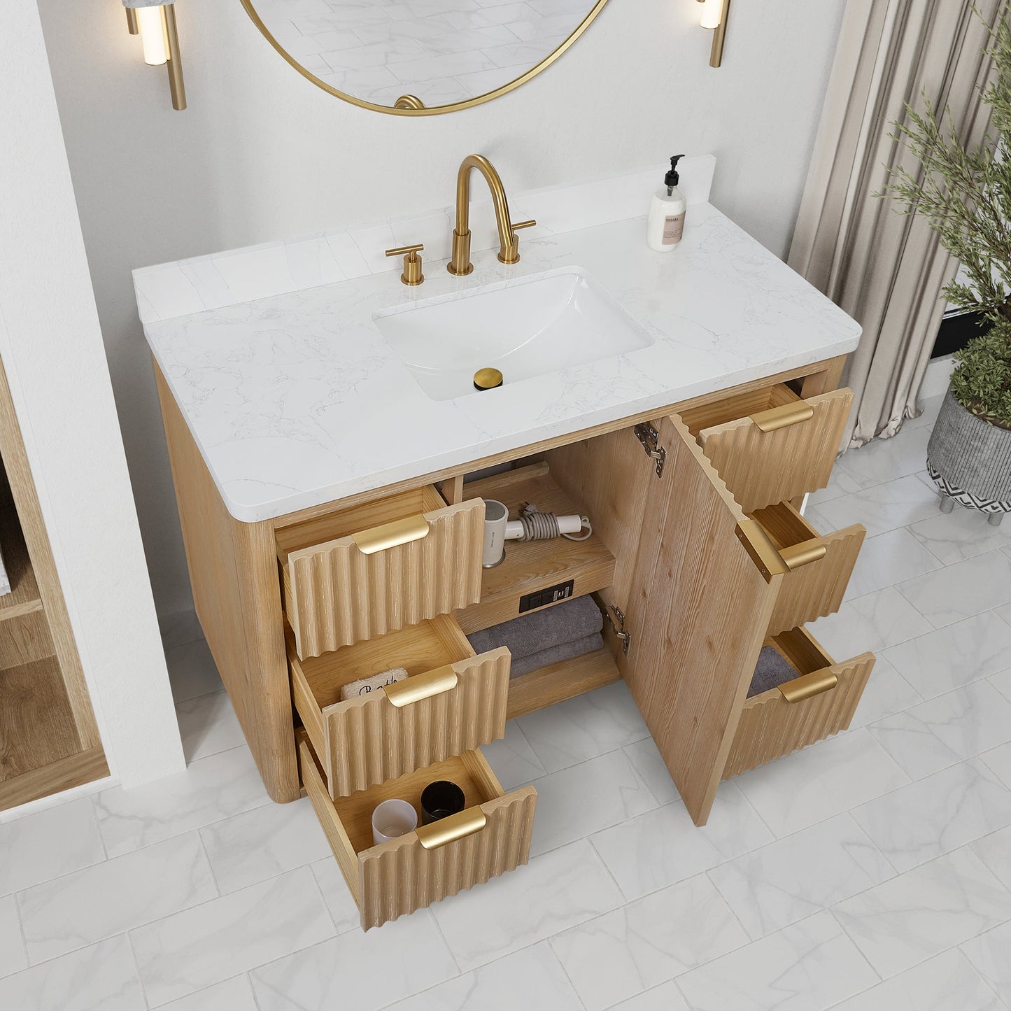 Cádiz 48in. Free-standing Single Bathroom Vanity in Washed Ash Grey with Composite top in Lightning White | Brushed Gold