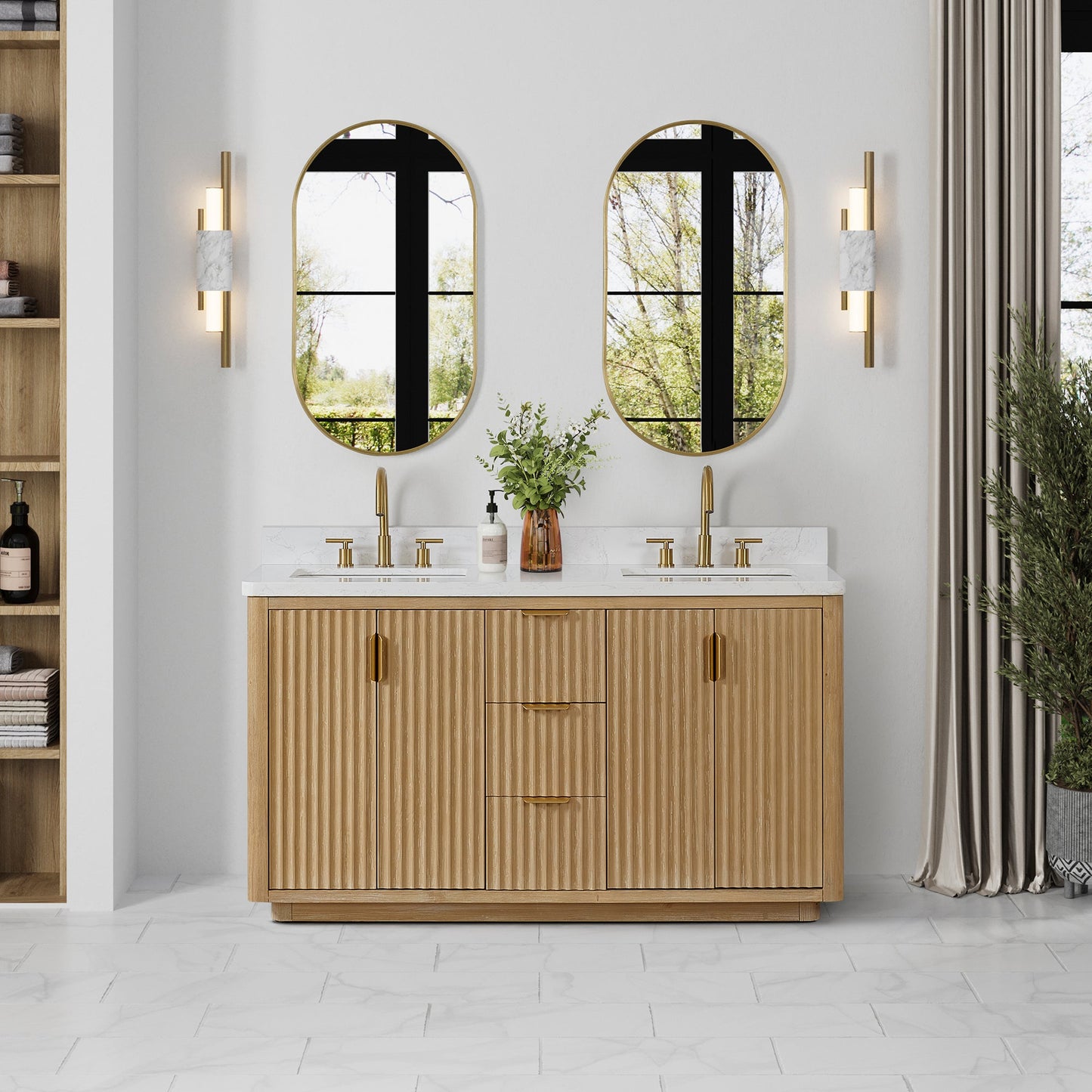 Cádiz 60in. Free-standing Double Bathroom Vanity in Washed Ash Grey with Composite top in Lightning White | Brushed Gold