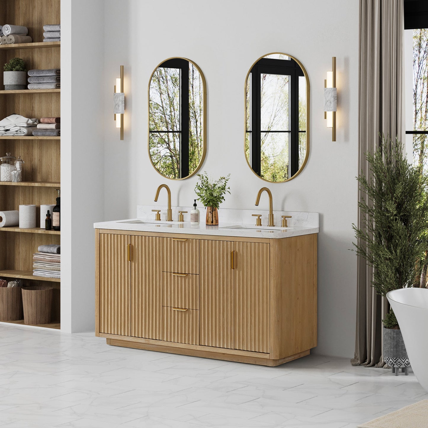 Cádiz 60in. Free-standing Double Bathroom Vanity in Washed Ash Grey with Composite top in Lightning White | Brushed Gold