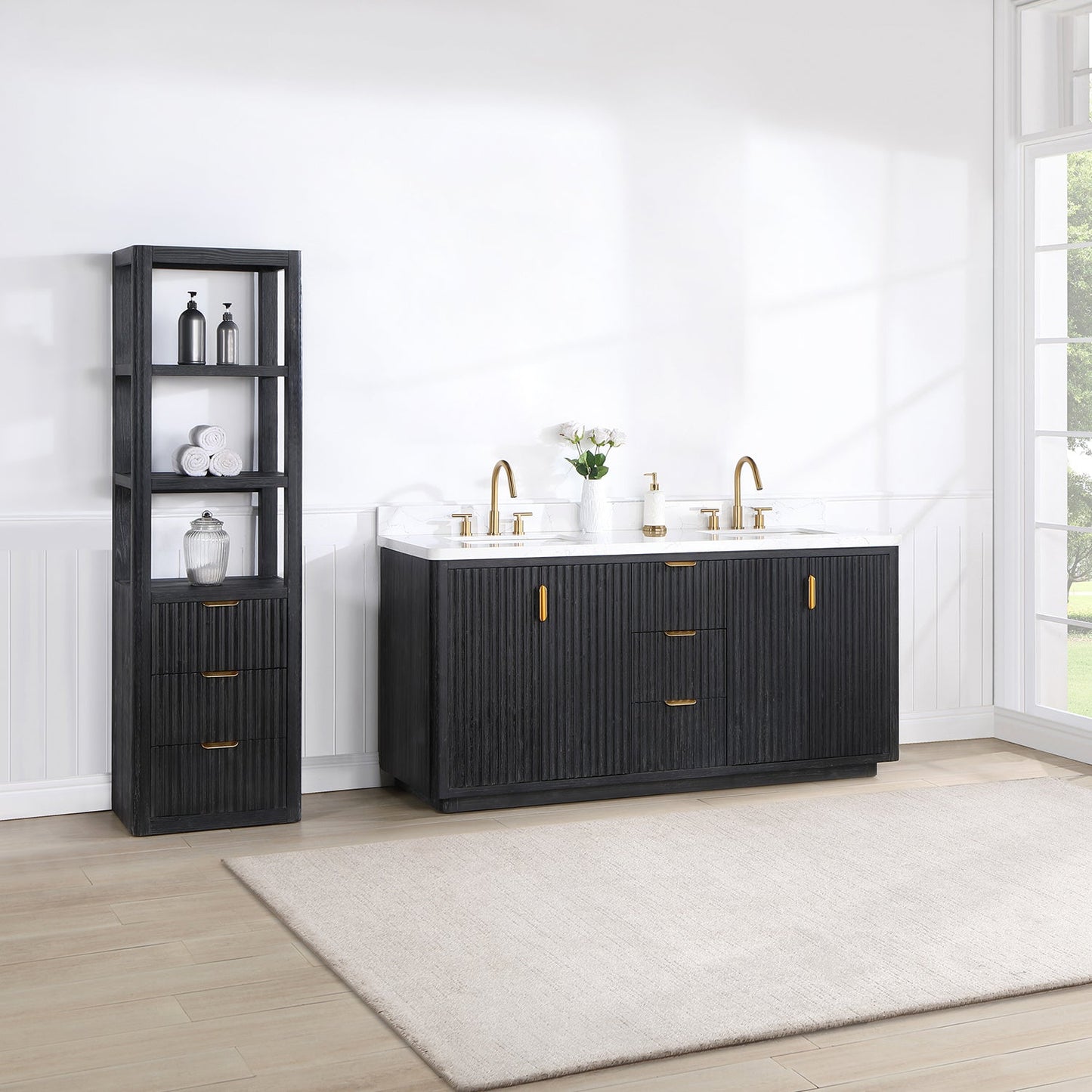 Cádiz 72in. Free-standing Double Bathroom Vanity in Fir Wood Black with Composite top in Lightning White