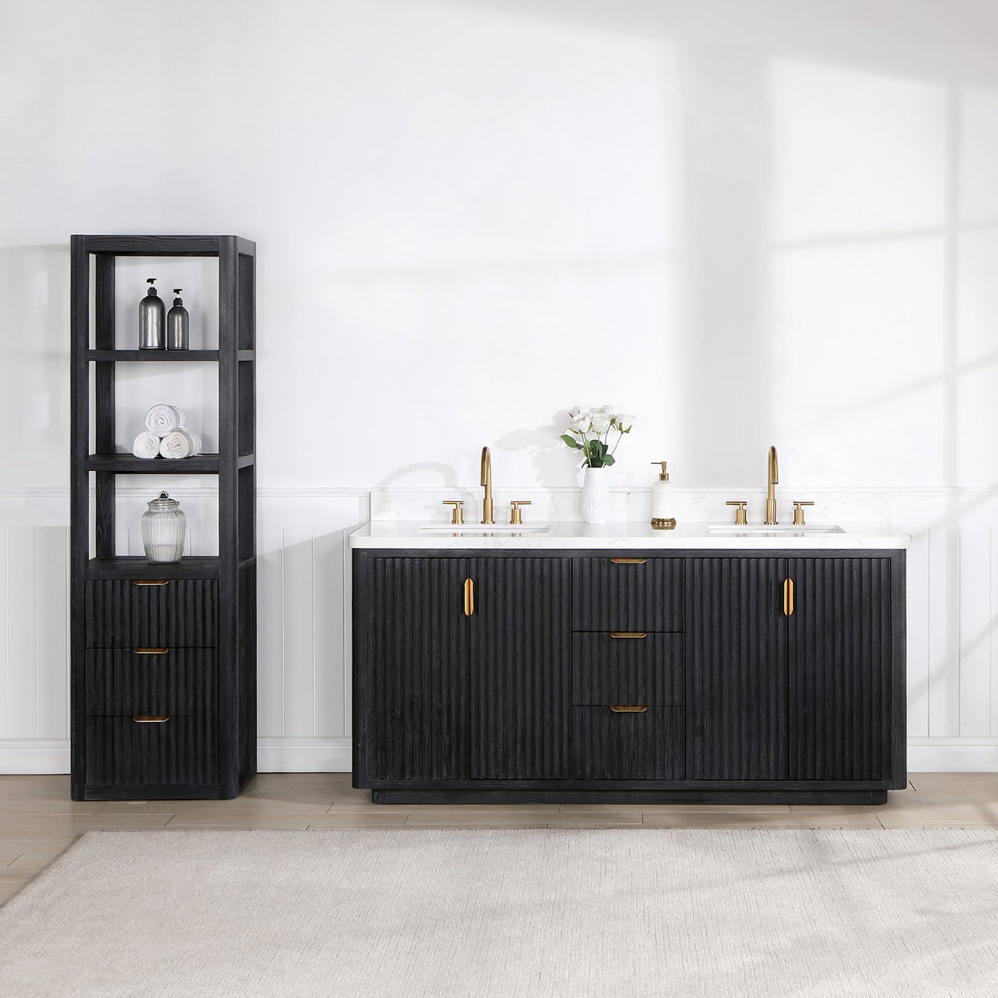 Cádiz 72in. Free-standing Double Bathroom Vanity in Fir Wood Black with Composite top in Lightning White