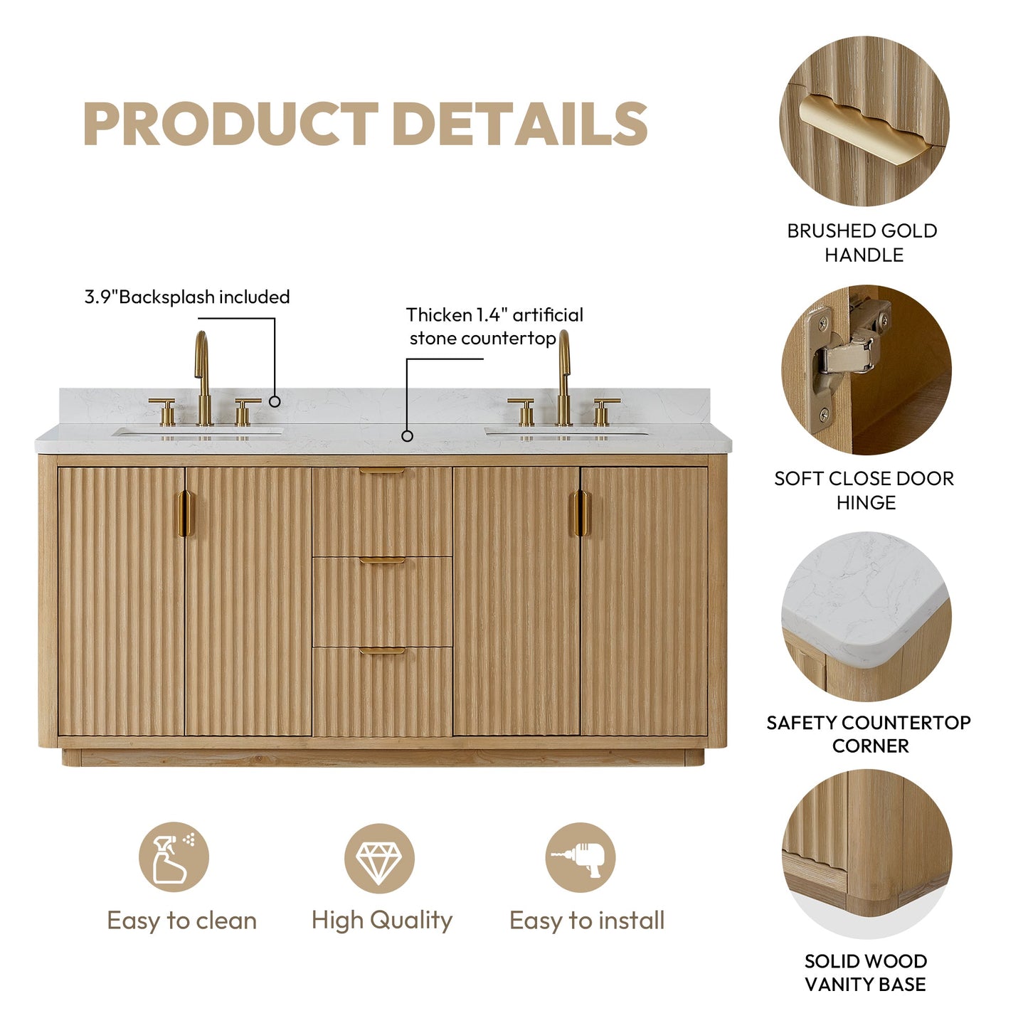 Cádiz 72in. Free-standing Double Bathroom Vanity in Washed Ash Grey with Composite top in Lightning White | Brushed Gold