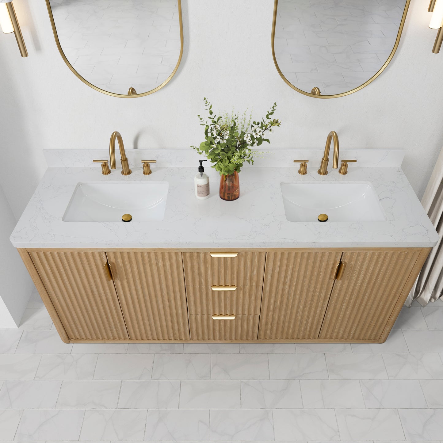 Cádiz 72in. Free-standing Double Bathroom Vanity in Washed Ash Grey with Composite top in Lightning White | Brushed Gold