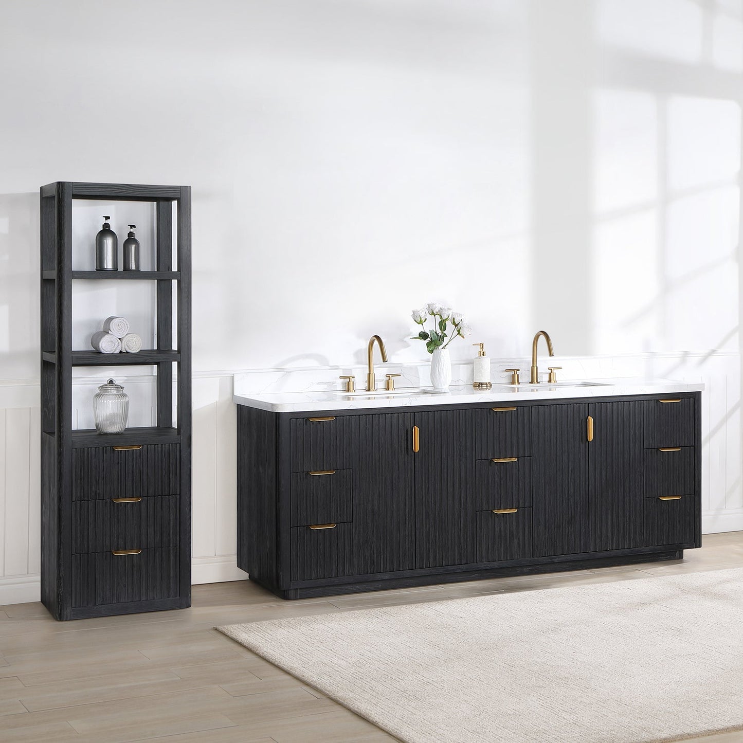 Cádiz 84in. Free-standing Double Bathroom Vanity in Fir Wood Black with Composite top in Lightning White