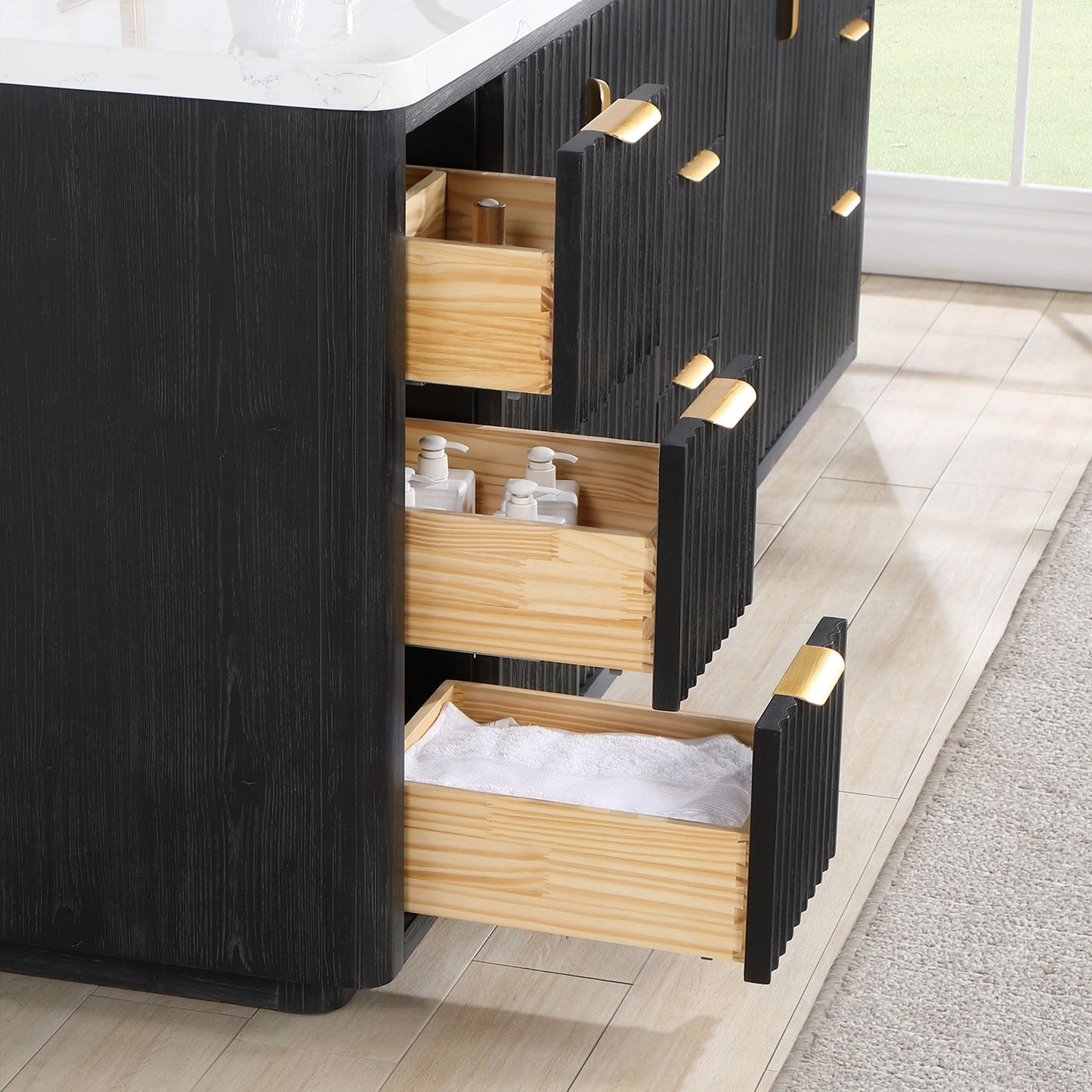 Cádiz 84in. Free-standing Double Bathroom Vanity in Fir Wood Black with Composite top in Lightning White