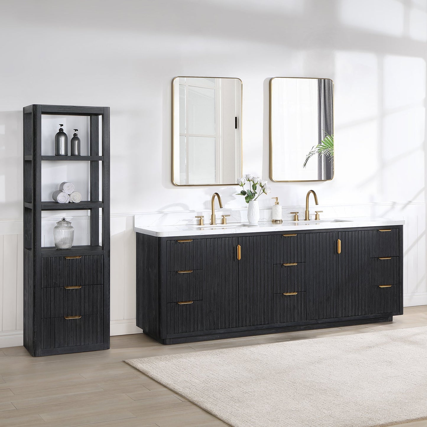 Cádiz 84in. Free-standing Double Bathroom Vanity in Fir Wood Black with Composite top in Lightning White