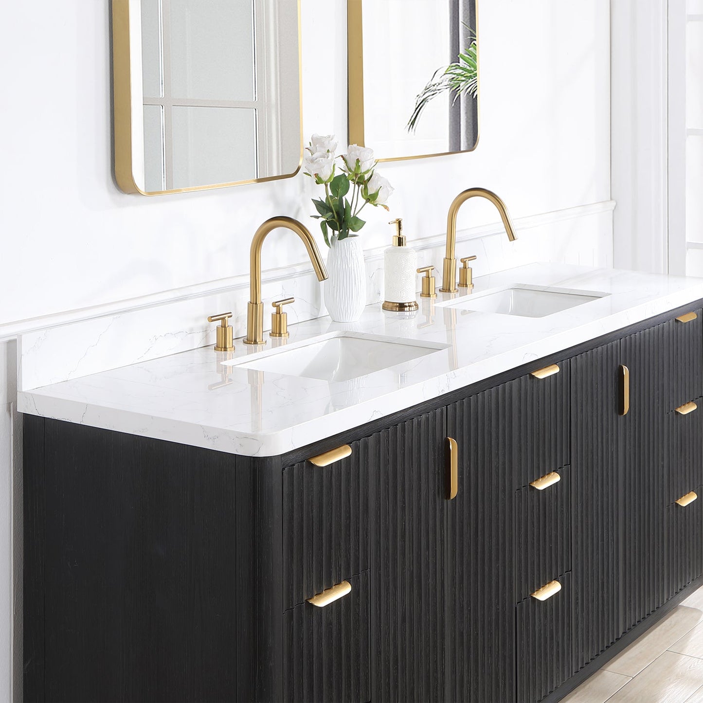 Cádiz 84in. Free-standing Double Bathroom Vanity in Fir Wood Black with Composite top in Lightning White