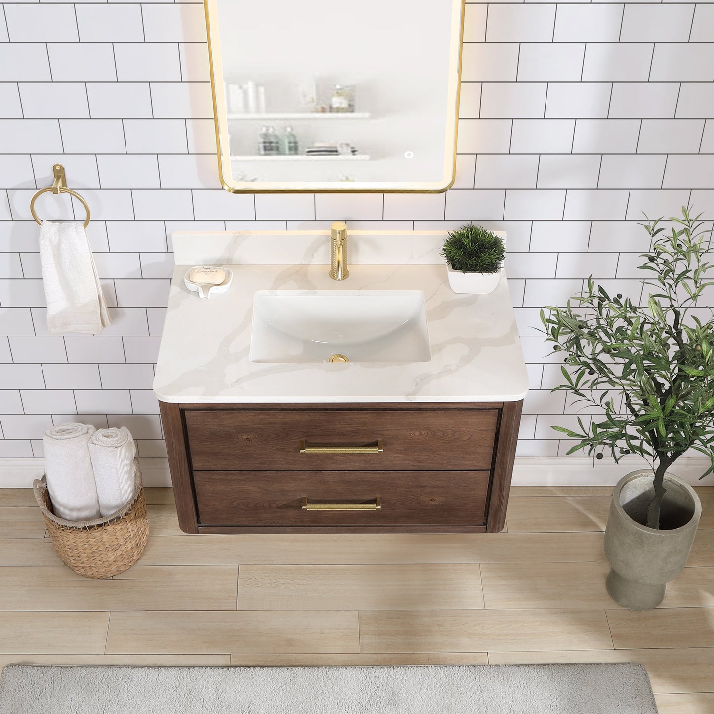 Cristo 36" Floating Single Bath Vanity in Aged Dark Brown Oak with Fish Maw White Quartz Stone Top