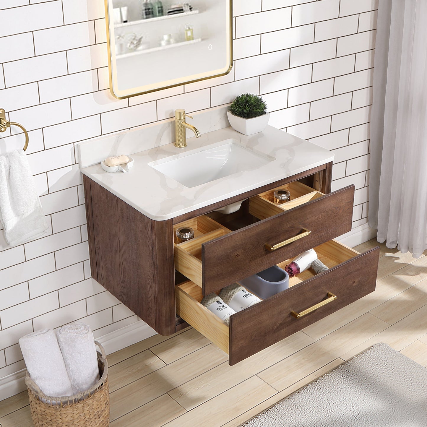 Cristo 36" Floating Single Bath Vanity in Aged Dark Brown Oak with Fish Maw White Quartz Stone Top