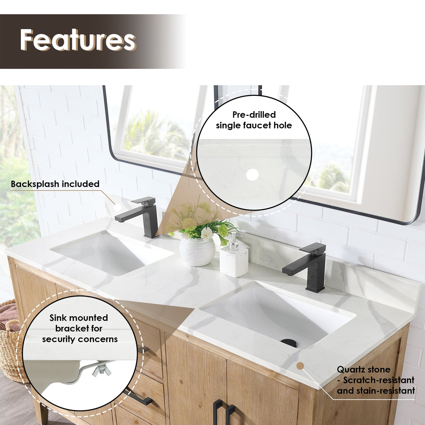 Arbios in Quartz Vanity Top in Calacatta White with White Sink