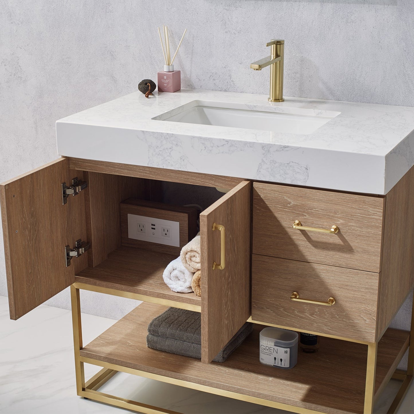 Alistair 36" Single Vanity in North American Oak | Brushed Gold