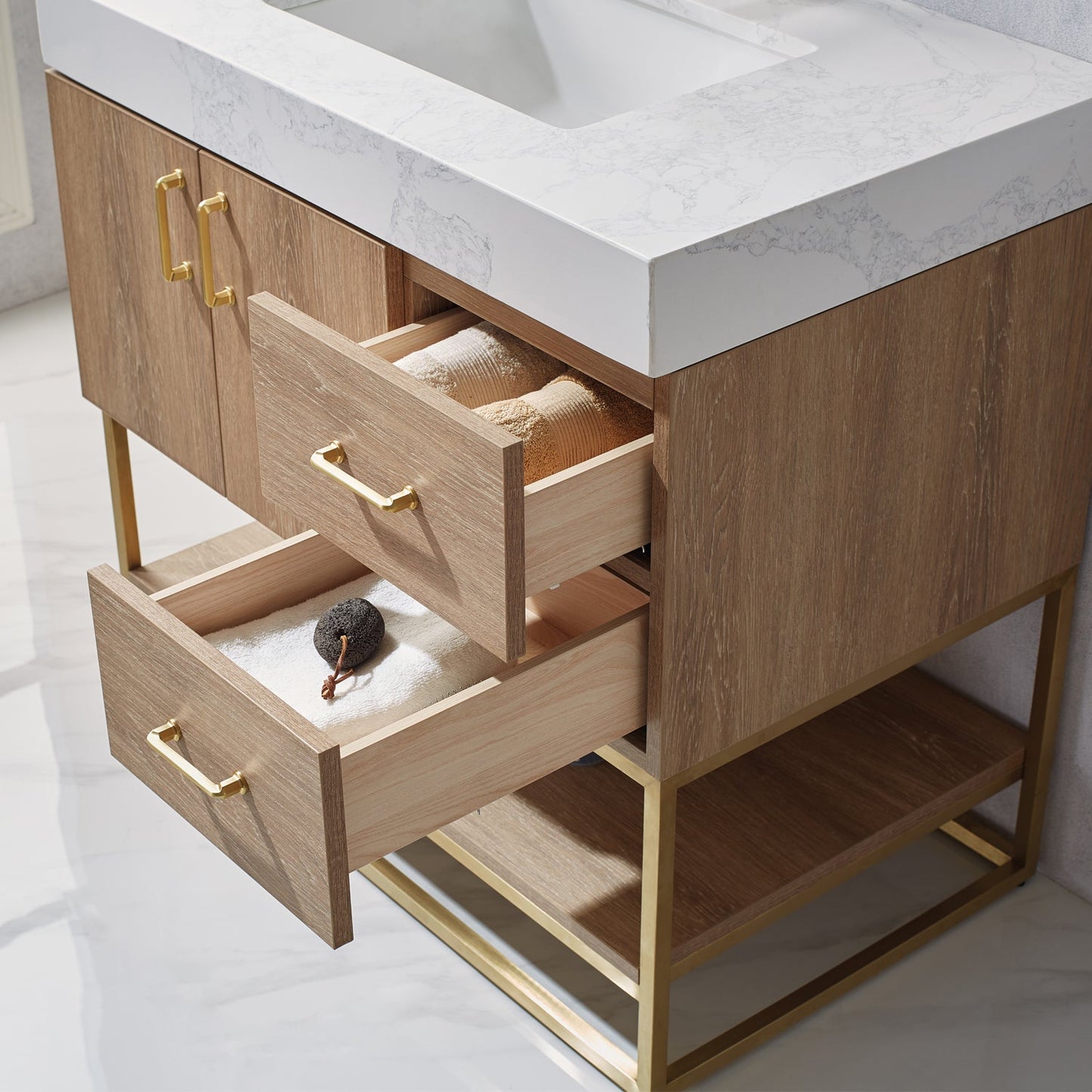 Alistair 36" Single Vanity in North American Oak | Brushed Gold