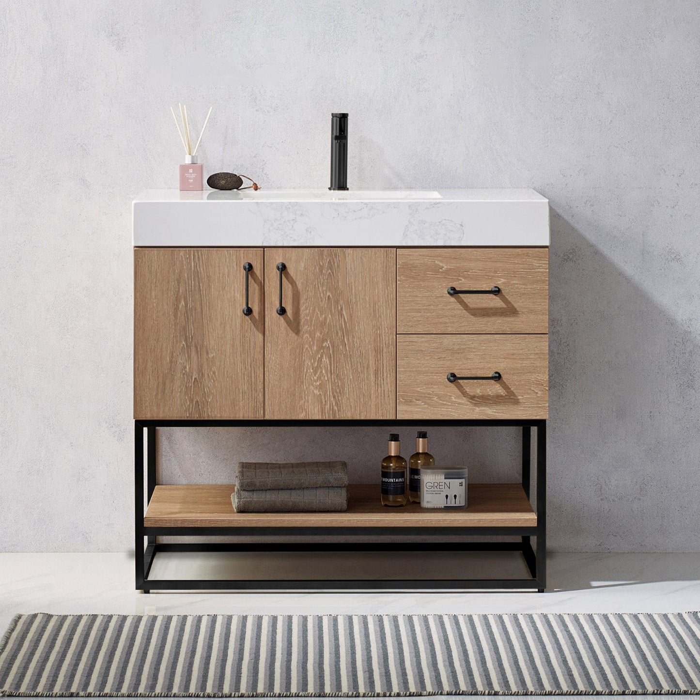 Alistair 36B" Single Vanity in North American Oak | Matte Black