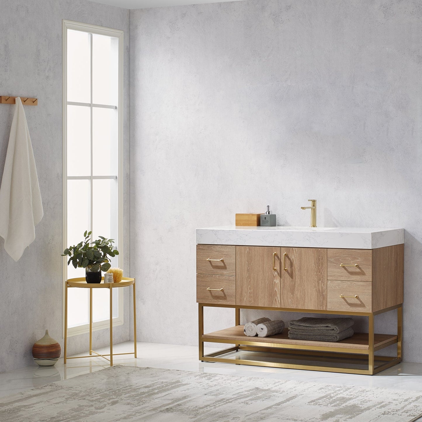 Alistair 48" Single Vanity in North American Oak | Brushed Gold