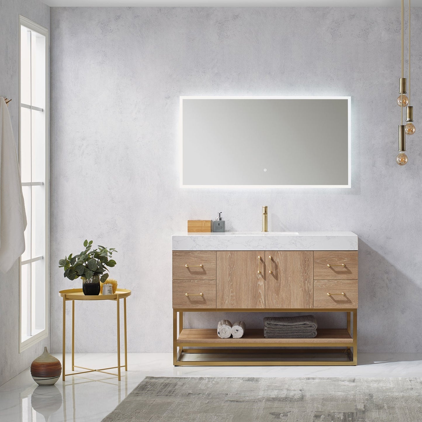 Alistair 48" Single Vanity in North American Oak | Brushed Gold