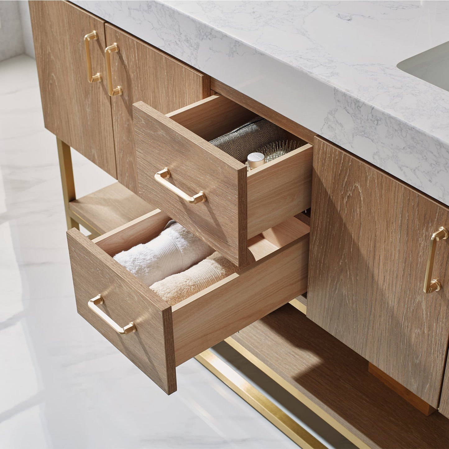 Alistair 60" Double Vanity in North American Oak | Brushed Gold