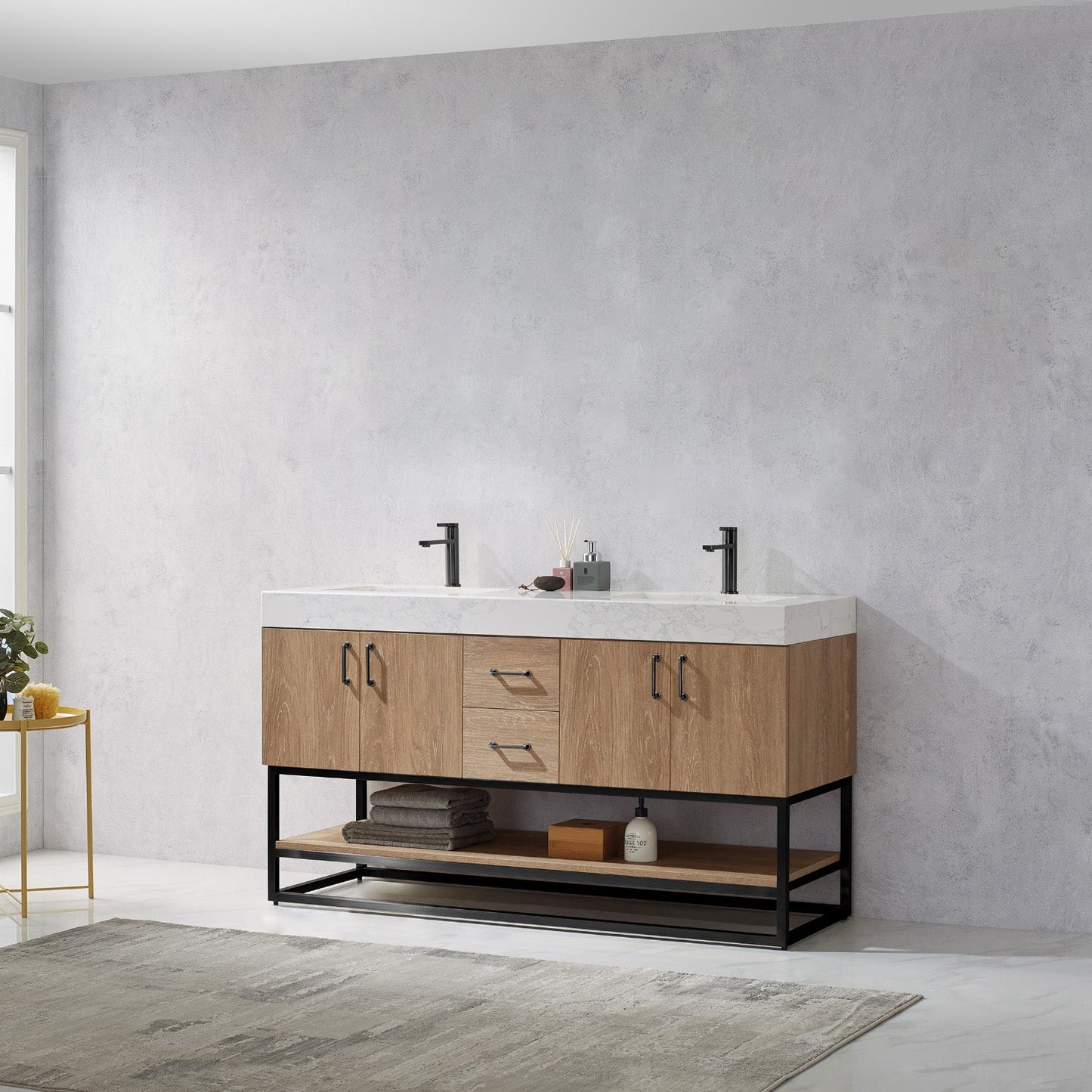 Alistair 60B" Double Vanity in North American Oak | Matte Black