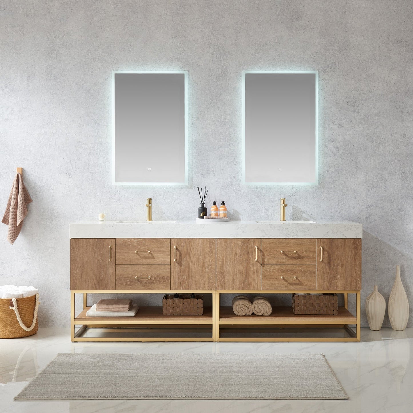 Alistair 84" Double Vanity in North American Oak | Brushed Gold
