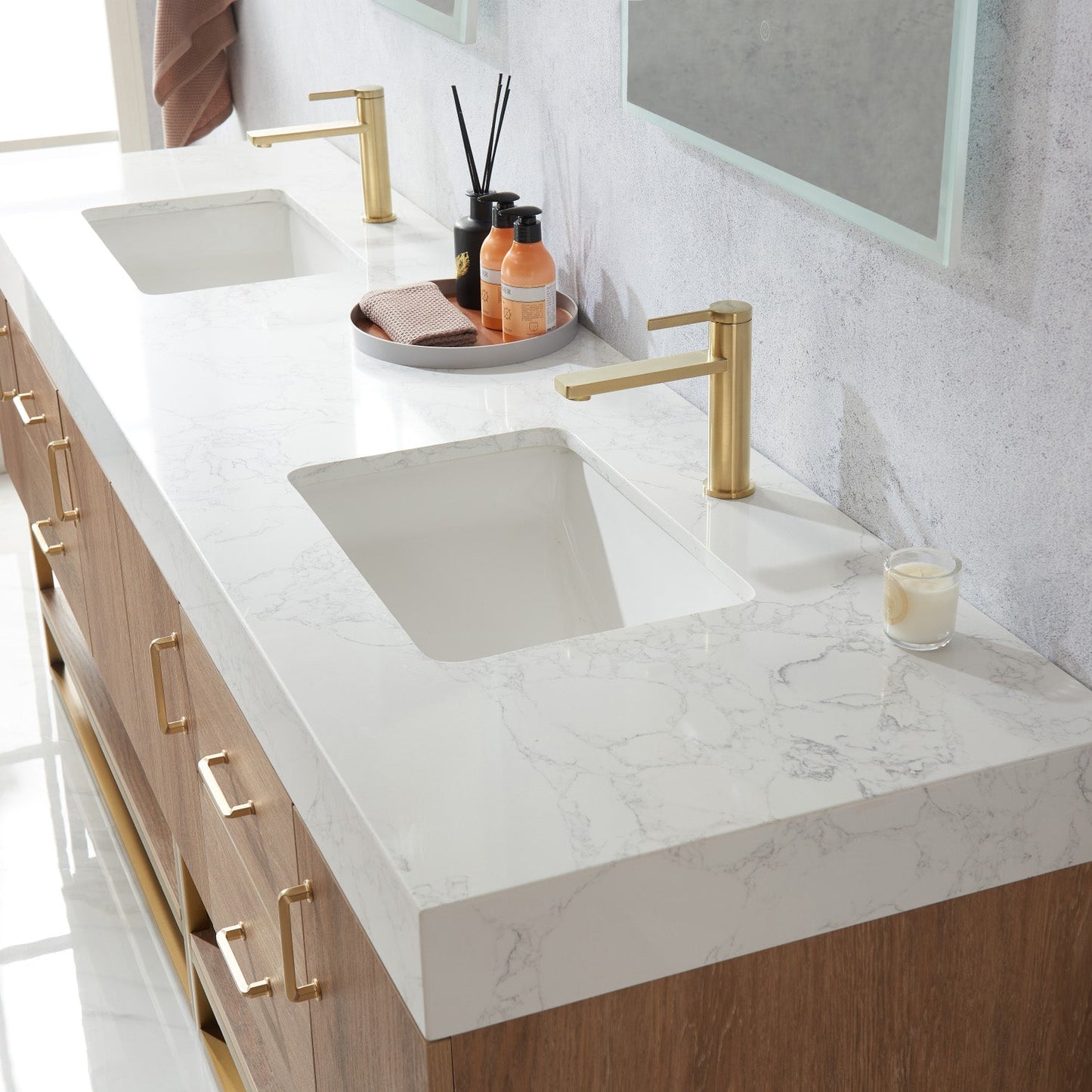 Alistair 84" Double Vanity in North American Oak | Brushed Gold