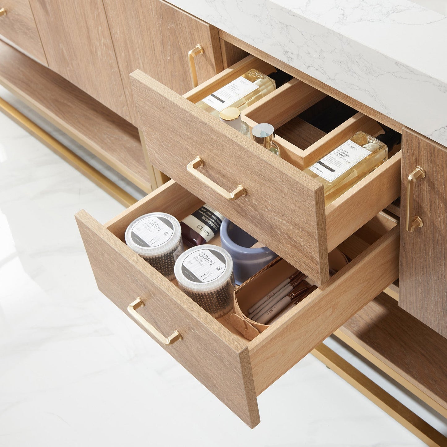 Alistair 84" Double Vanity in North American Oak | Brushed Gold