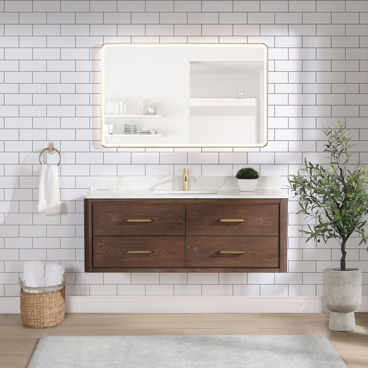Cristo 55" Floating Single Bath Vanity in Aged Dark Brown Oak with Fish Maw White Quartz Stone Top