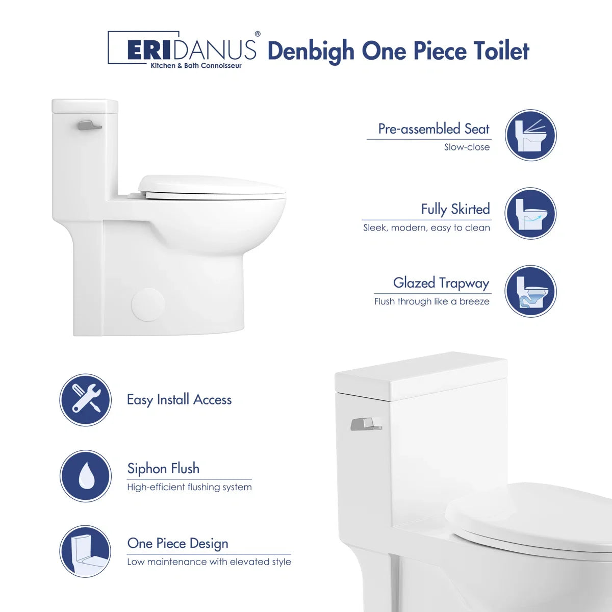 Denbigh One-Piece Toilet – Dual or Single Flush, Comfort Height