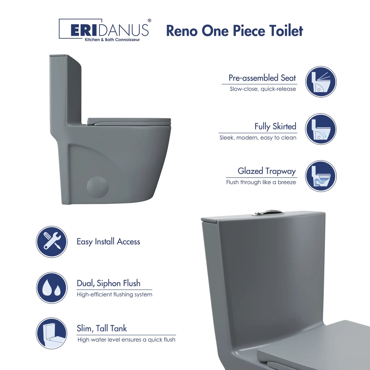 Reno One-Piece Chair Height Elongated Toilet, 1.1/1.6 GPF Dual Flush, Multiple Colors