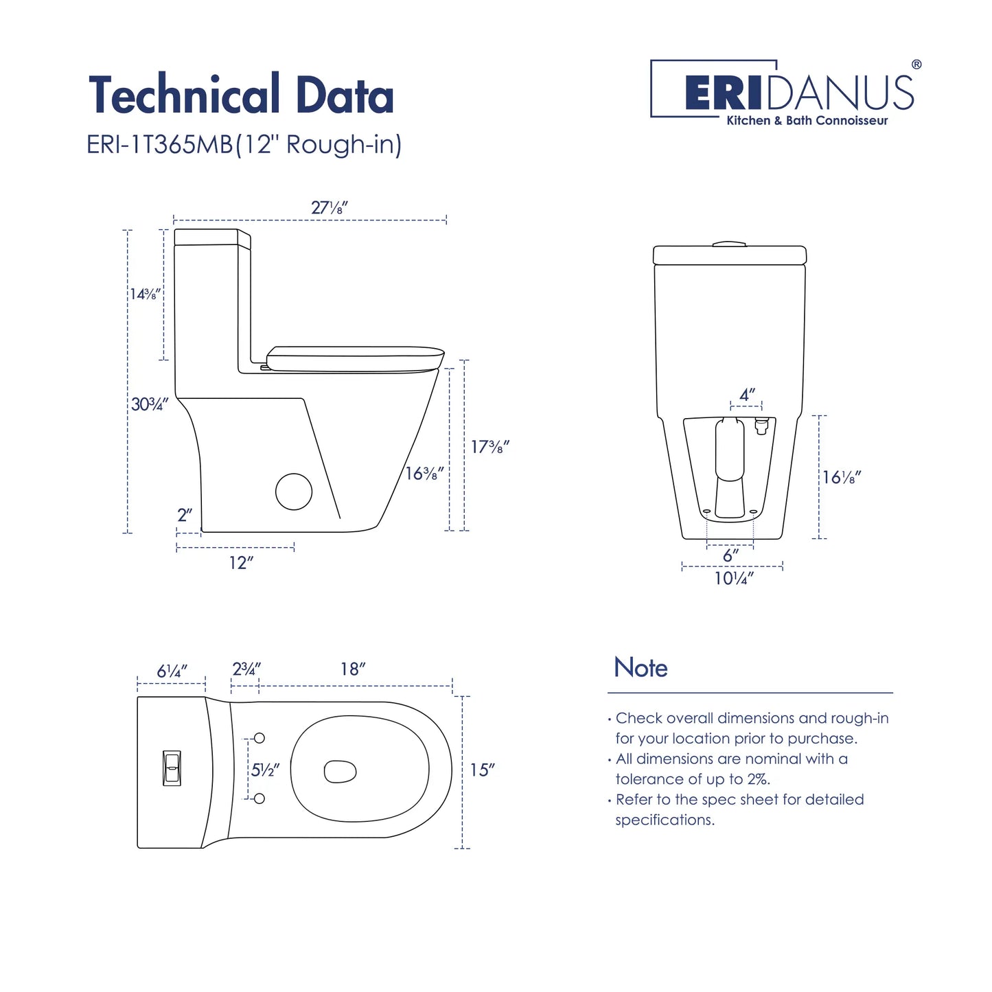 Turner 1.1/1.6 GPF Dual Flush Elongated One-Piece Toilet, Chair Height, White / Matte Black