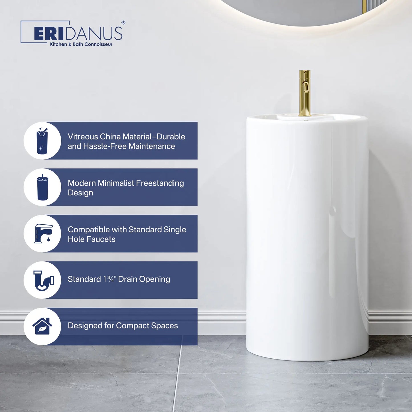 Denbigh 33.5" H Crisp White Ceramic Circular Freestanding Pedestal Bathroom Sink with Overflow