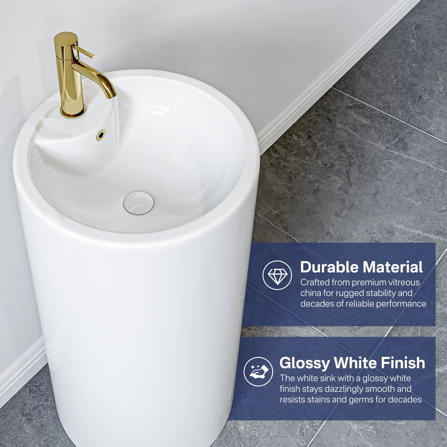 Denbigh 33.5" H Crisp White Ceramic Circular Freestanding Pedestal Bathroom Sink with Overflow