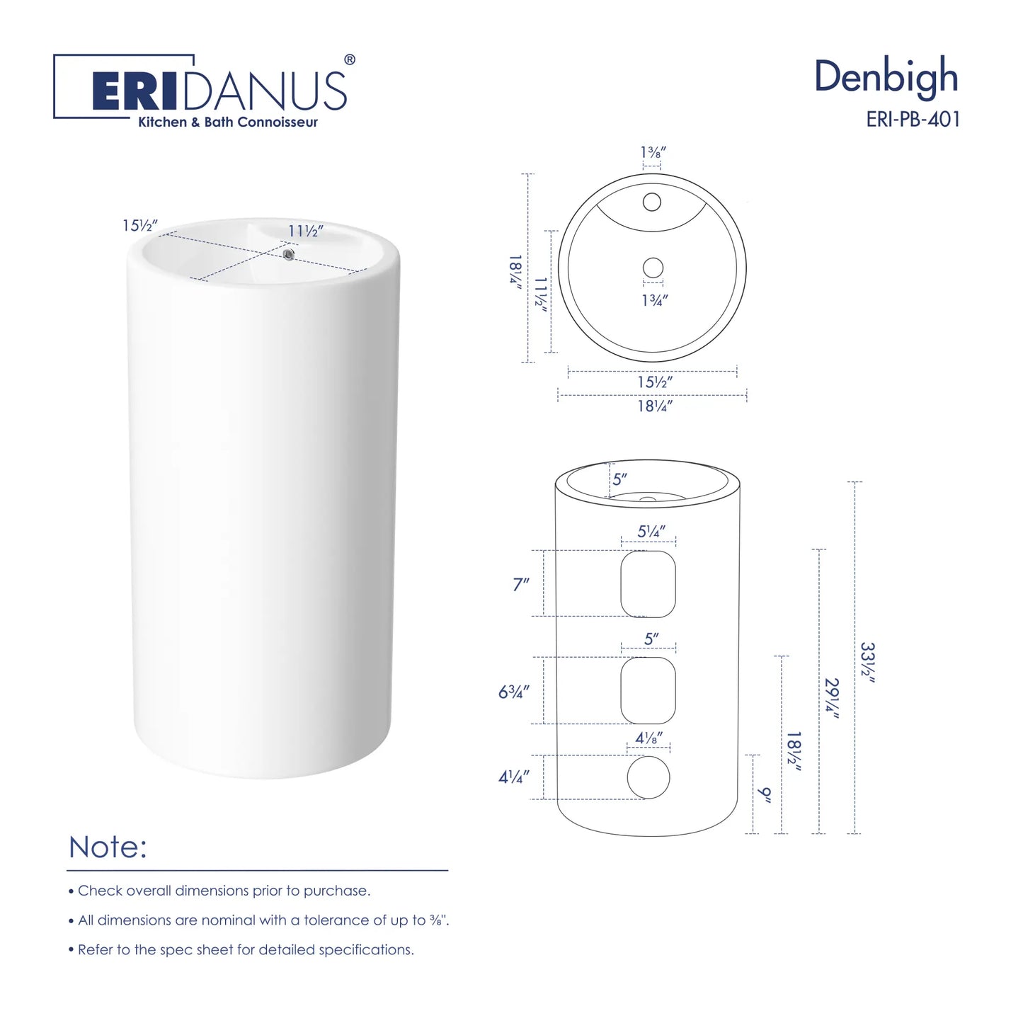 Denbigh 33.5" H Crisp White Ceramic Circular Freestanding Pedestal Bathroom Sink with Overflow