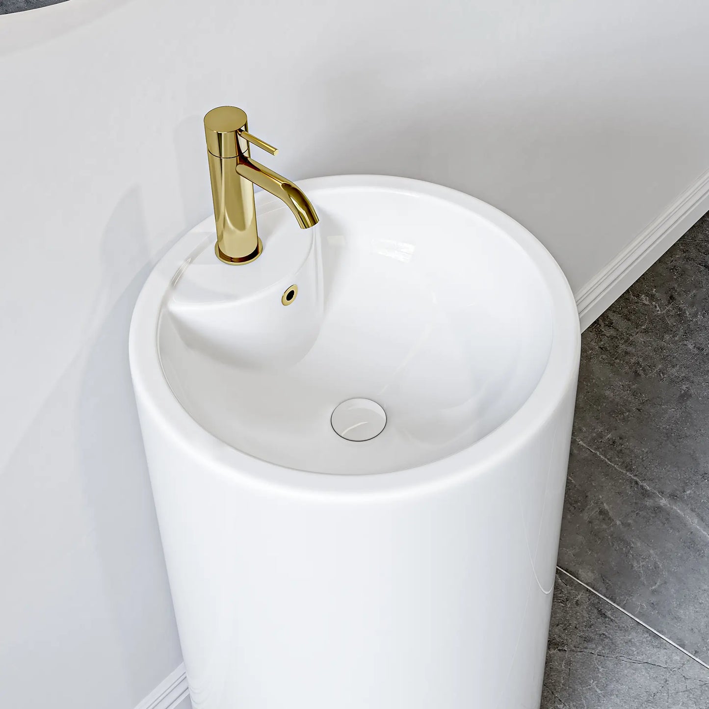 Denbigh 33.5" H Crisp White Ceramic Circular Freestanding Pedestal Bathroom Sink with Overflow