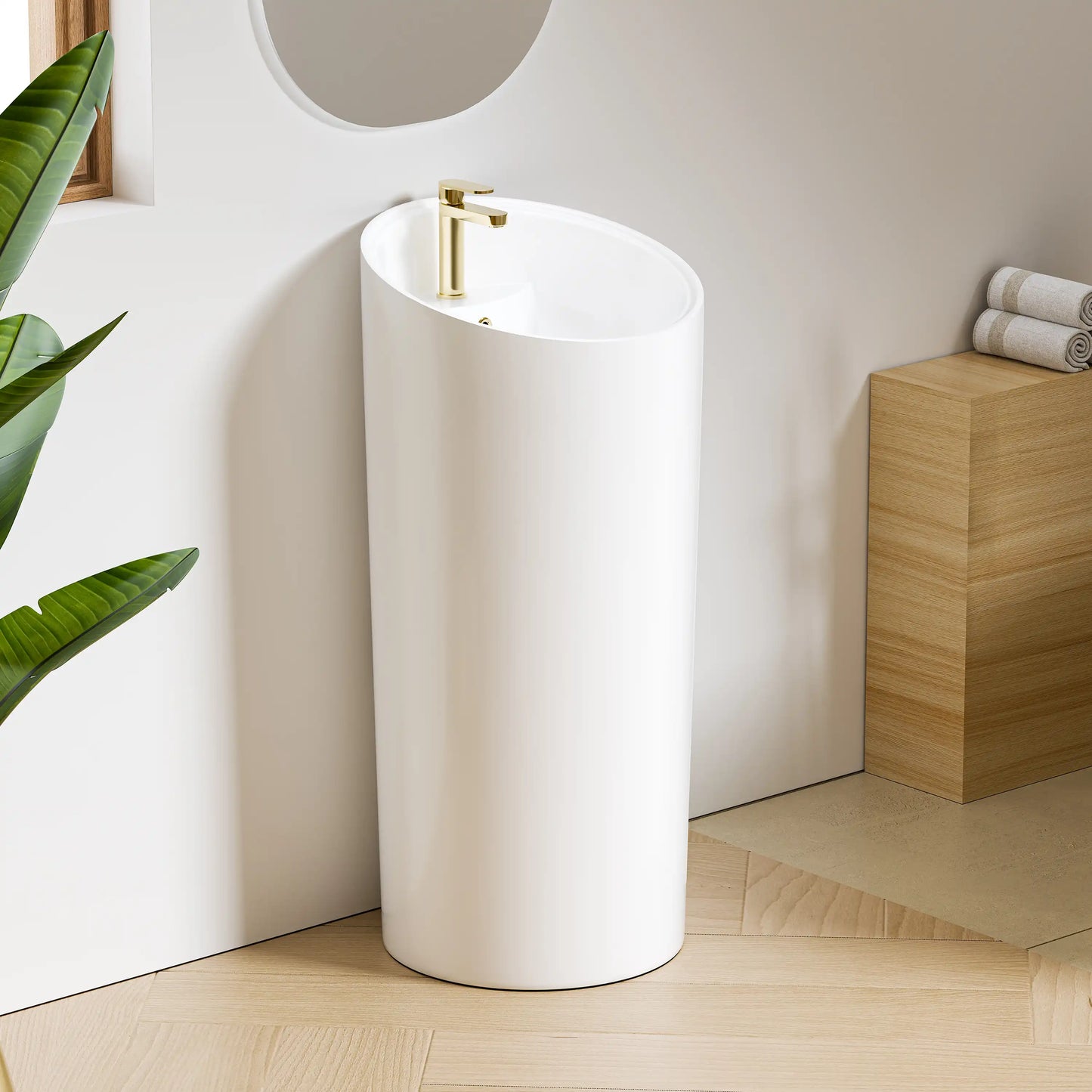 Reno 38" H Vitreous China Circular One-Piece Freestanding Pedestal Bathroom Sink with Overflow