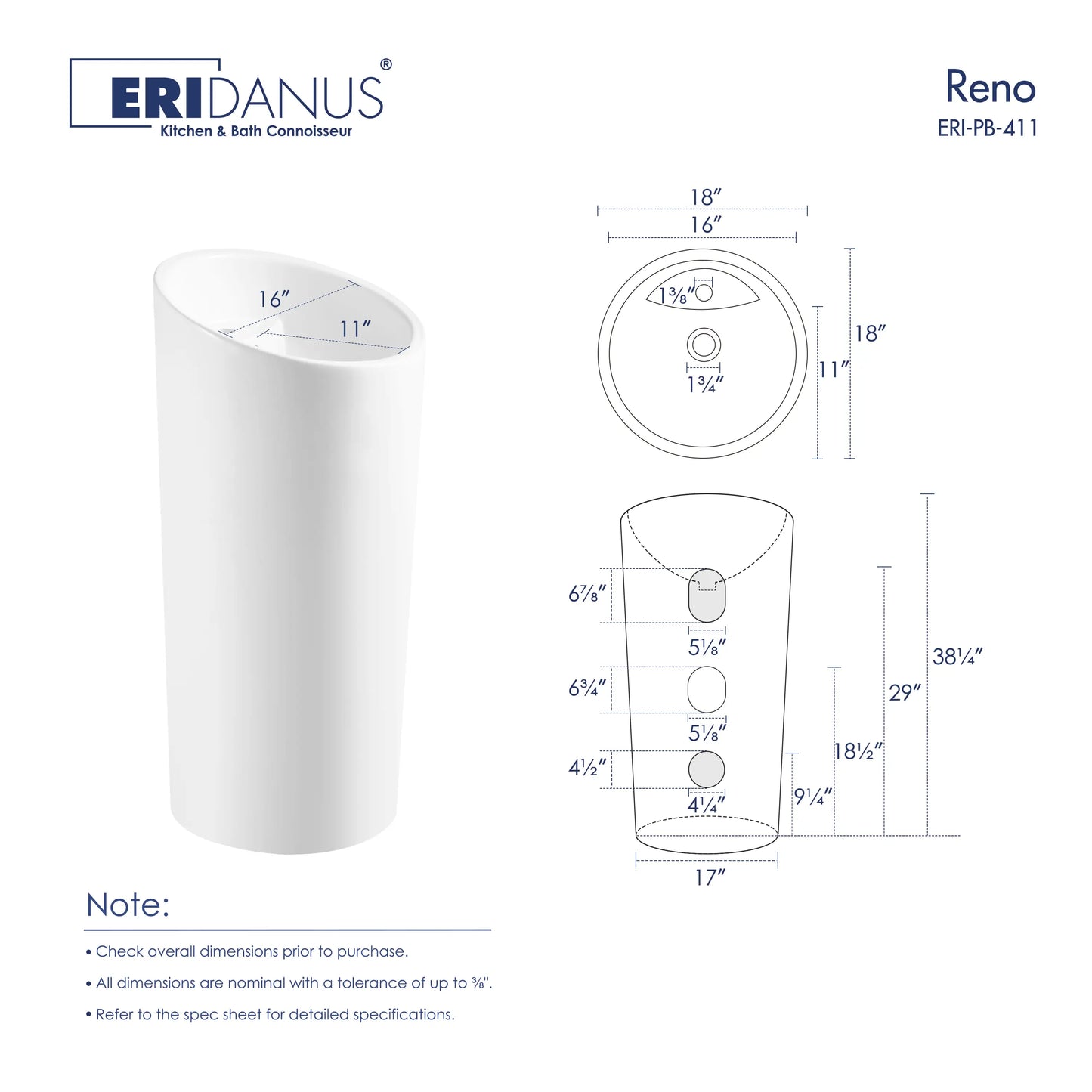 Reno 38" H Vitreous China Circular One-Piece Freestanding Pedestal Bathroom Sink with Overflow