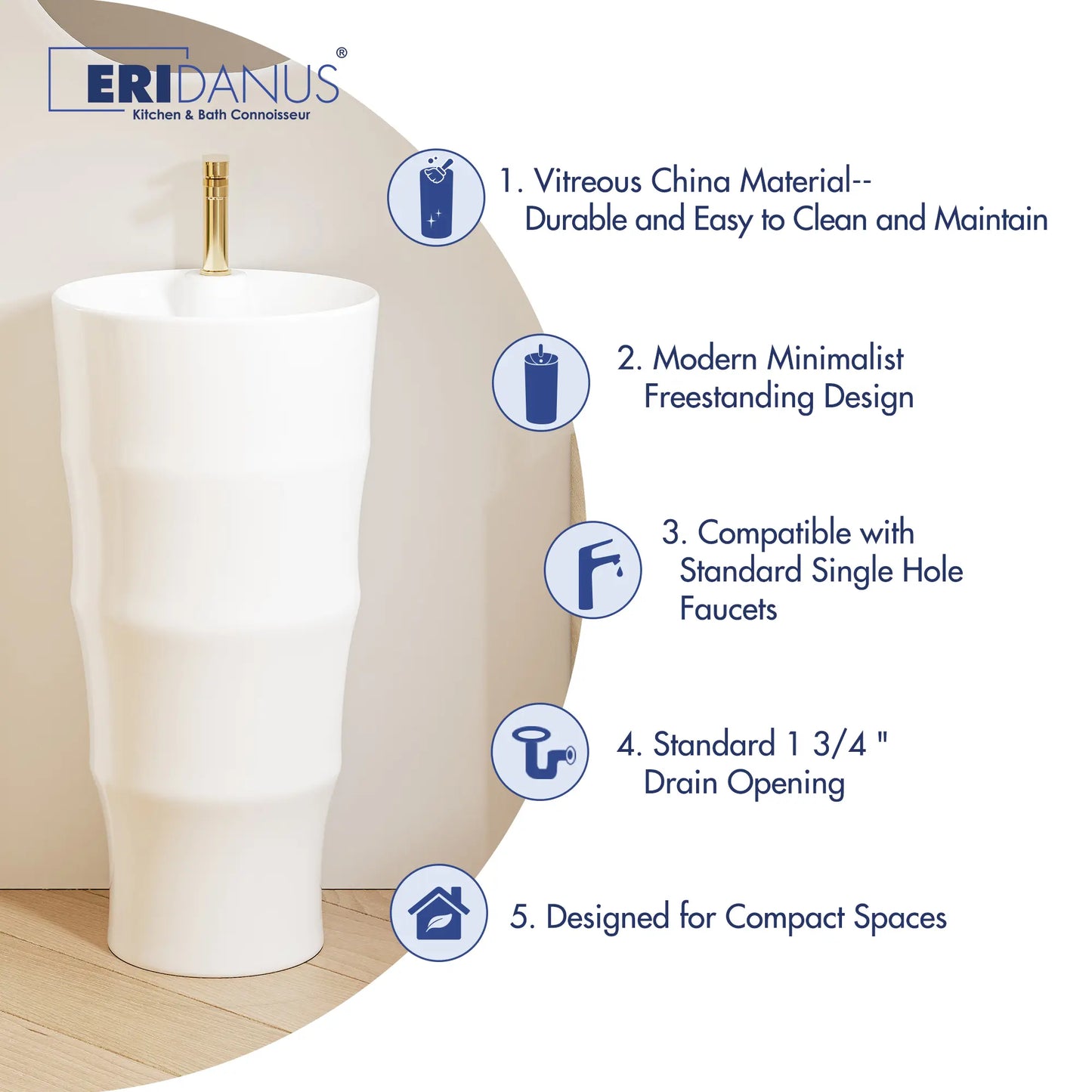 Brooklyn 32" H Crisp White Ceramic Circular Freestanding Pedestal Bathroom Sink