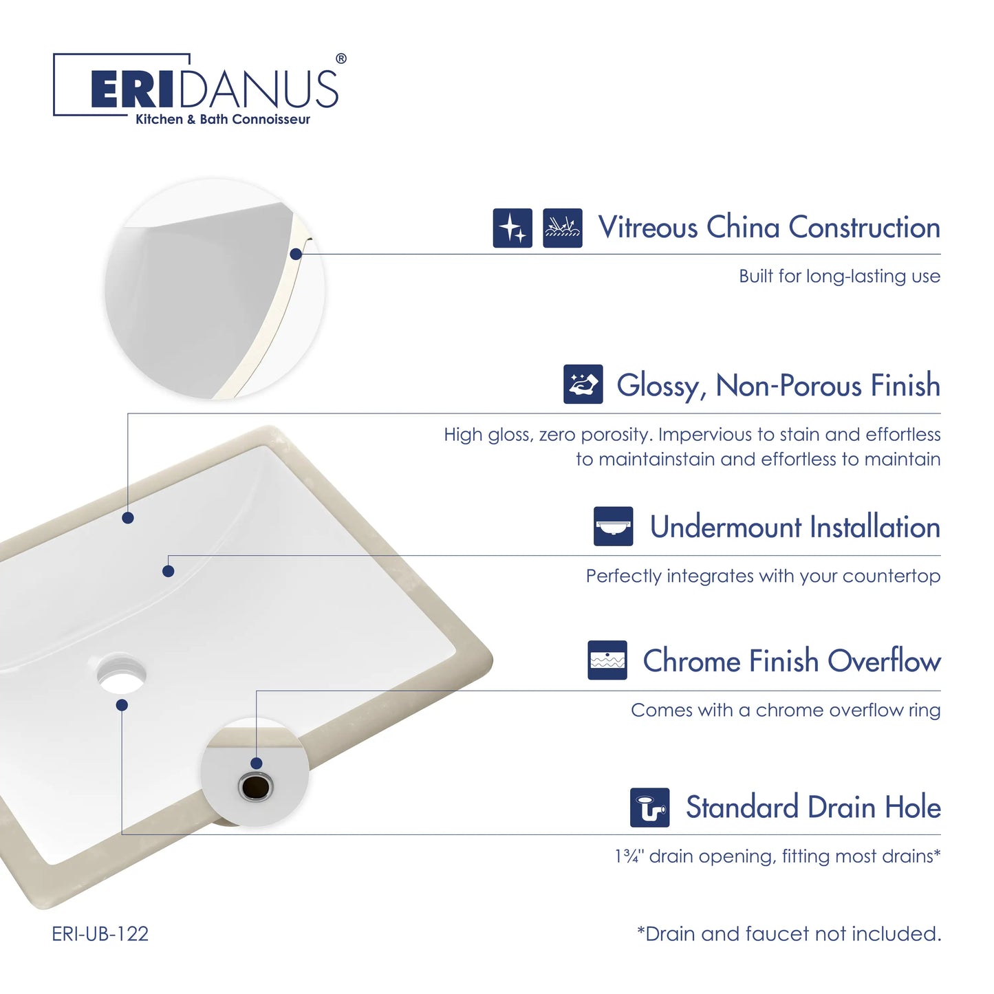 Denbigh 18" x 13" Rectangular Undermount Vitreous China Bathroom Sink in White with Overflow